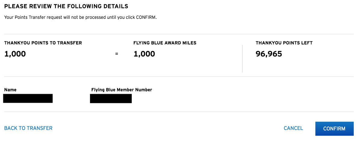 Citi Thank You Points Transfer Confirm